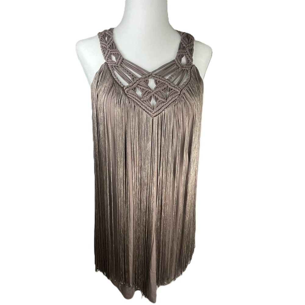 Boston Proper Macrame Fringe Top Brown Size M Boho Festival Tank Shirt